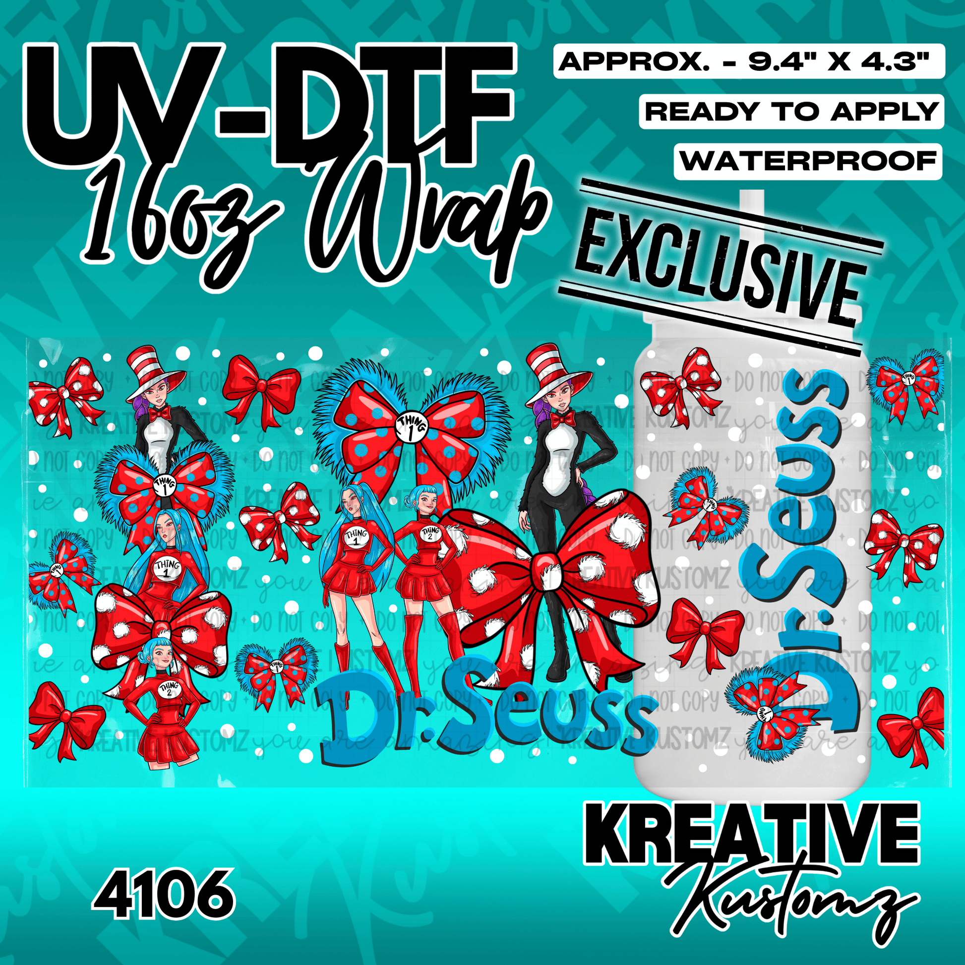 A Dr. Seuss themed UV DTF adhesive wrap for a 16oz glass cup featuring character illustrations.