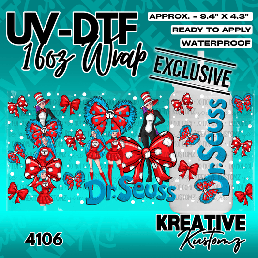 A Dr. Seuss themed UV DTF adhesive wrap for a 16oz glass cup featuring character illustrations.