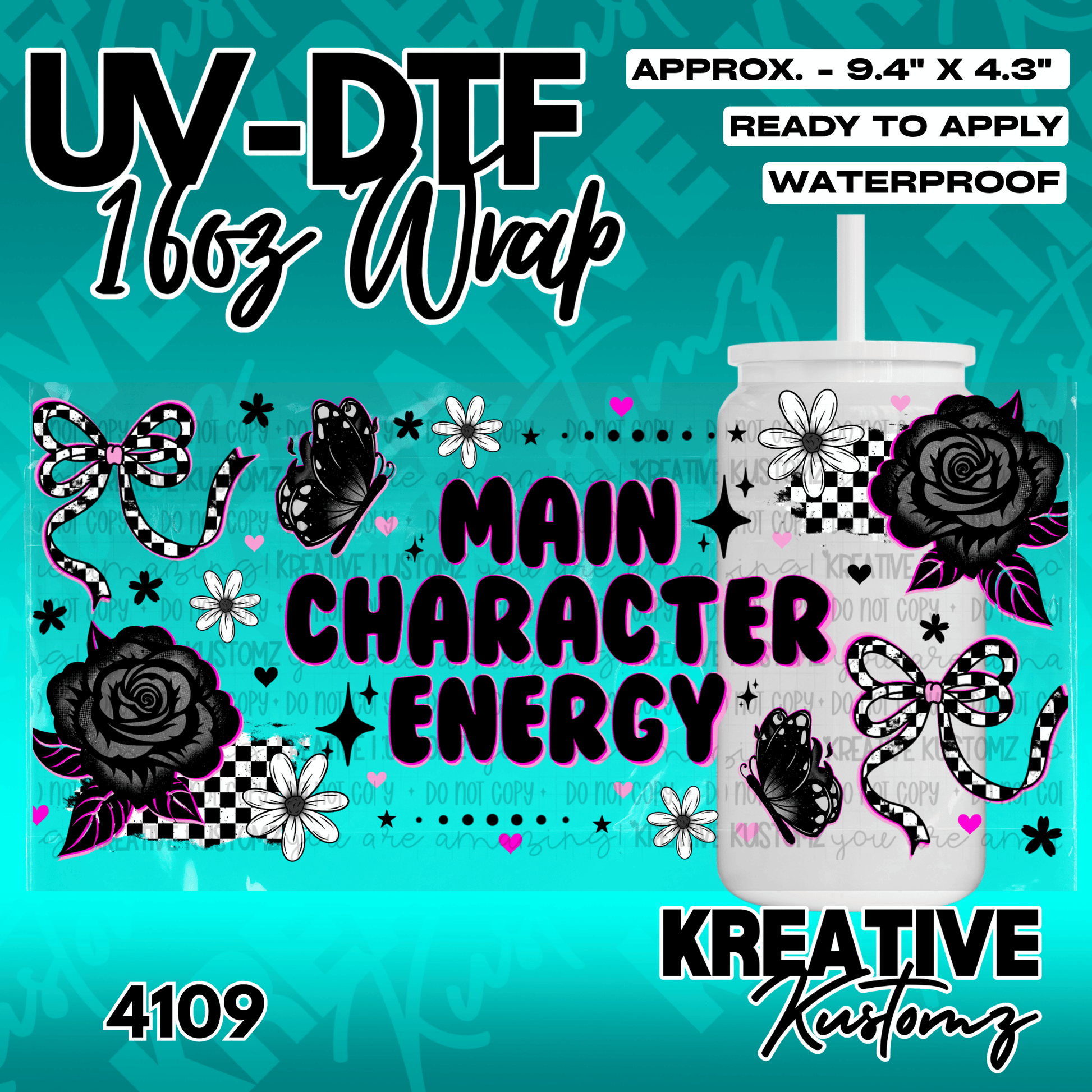 A floral UV DTF adhesive wrap for 16oz glass cans featuring black roses, butterflies, and bows.