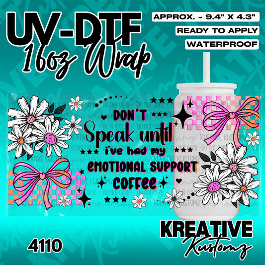 A UV DTF adhesive wrap for a 16oz glass cup featuring daisies, pink bows, and coffee-themed text.
