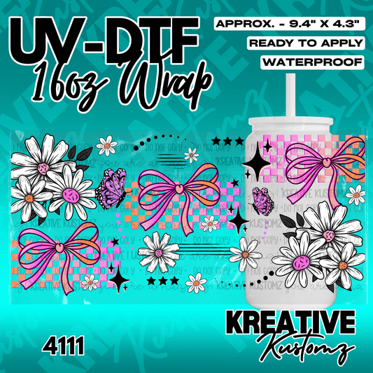 A floral UV DTF adhesive wrap for 16oz glass cans featuring daisies, bows, and butterflies.