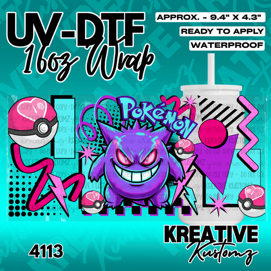 A Gengar themed UV DTF adhesive wrap for a 16oz glass cup featuring a vibrant graffiti design.