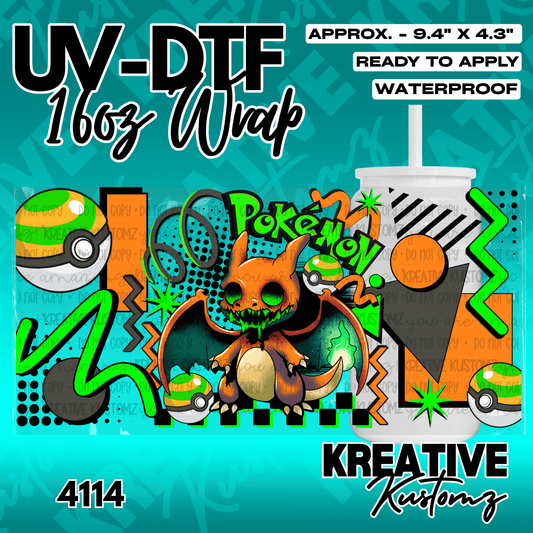 A UV DTF adhesive wrap for 16oz glass cans featuring a stylized orange monster and pokeballs.