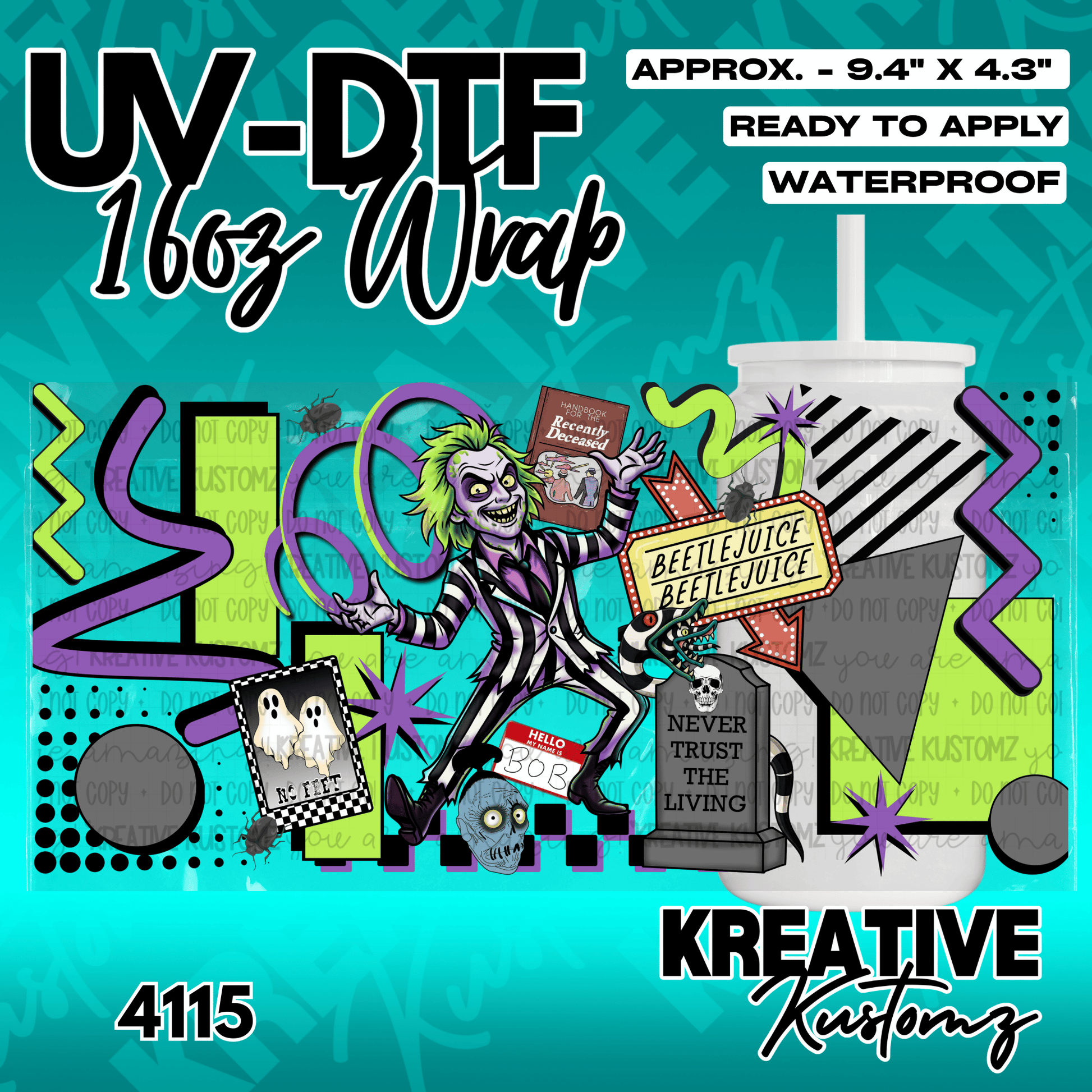 A Beetlejuice themed UV DTF adhesive wrap for a 16oz glass cup featuring iconic movie imagery.