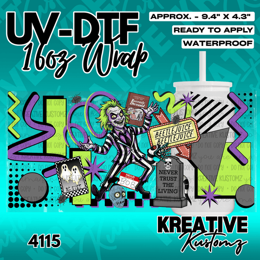 A Beetlejuice themed UV DTF adhesive wrap for a 16oz glass cup featuring iconic movie imagery.