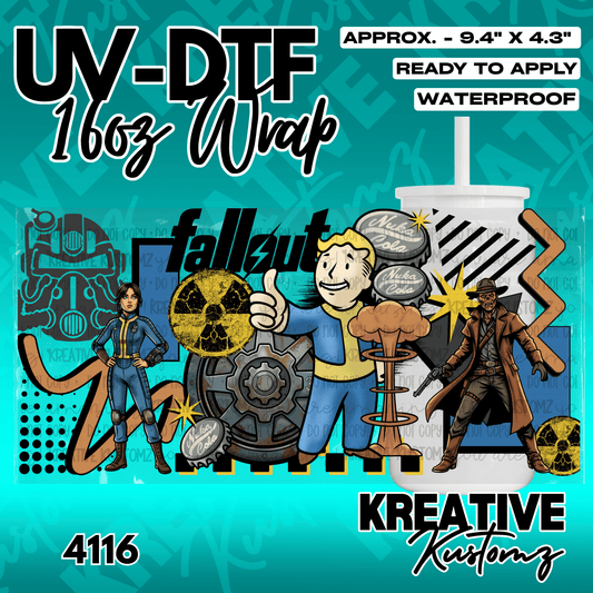 A Fallout themed adhesive wrap for a 16oz glass cup featuring characters and icons from the game.