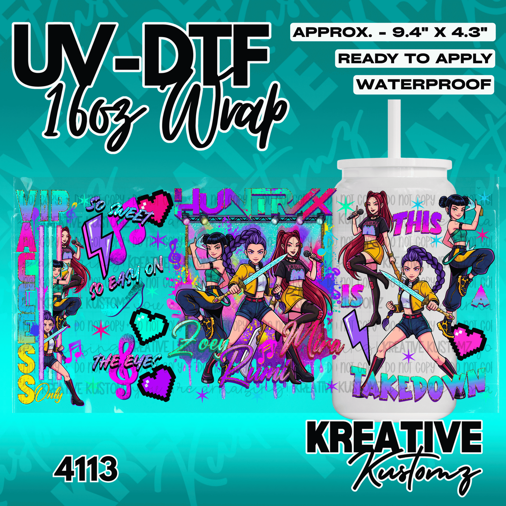 A UV DTF adhesive wrap for 16oz glass cans featuring an anime-inspired girl group design.