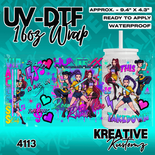 A UV DTF adhesive wrap for 16oz glass cans featuring an anime-inspired girl group design.