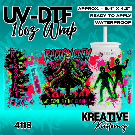 A Resident Evil themed UV DTF adhesive wrap for a 16oz glass cup featuring Albert Wesker.
