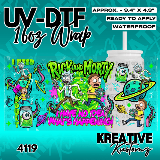 A Rick and Morty themed UV DTF adhesive wrap for a 16oz glass cup.