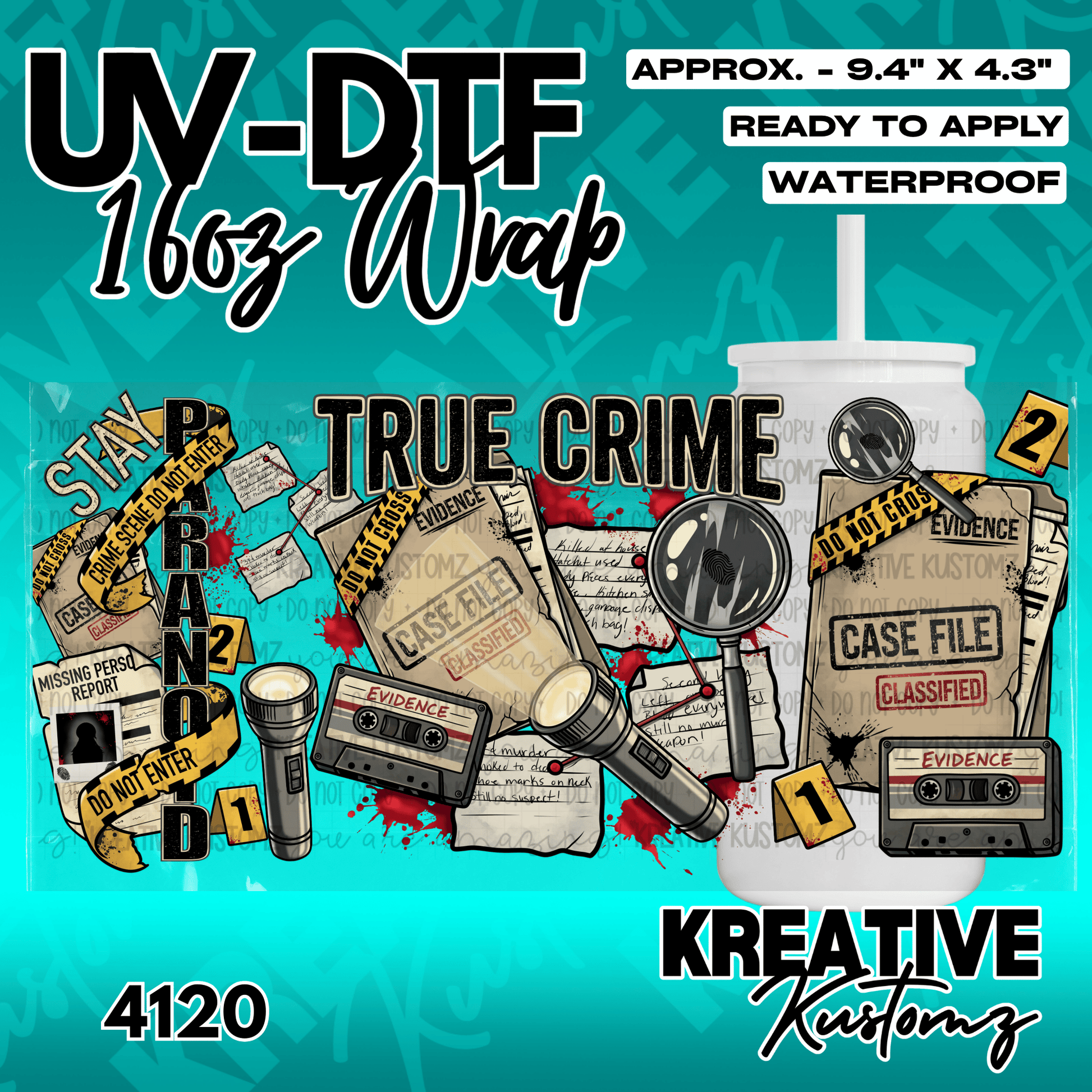 A True Crime themed adhesive wrap for a 16oz glass can featuring case files and evidence motifs.