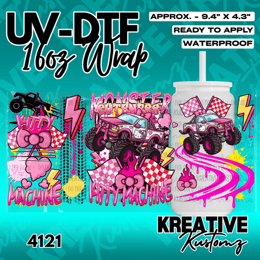 A pink monster truck themed UV DTF adhesive wrap for a 16oz glass can.