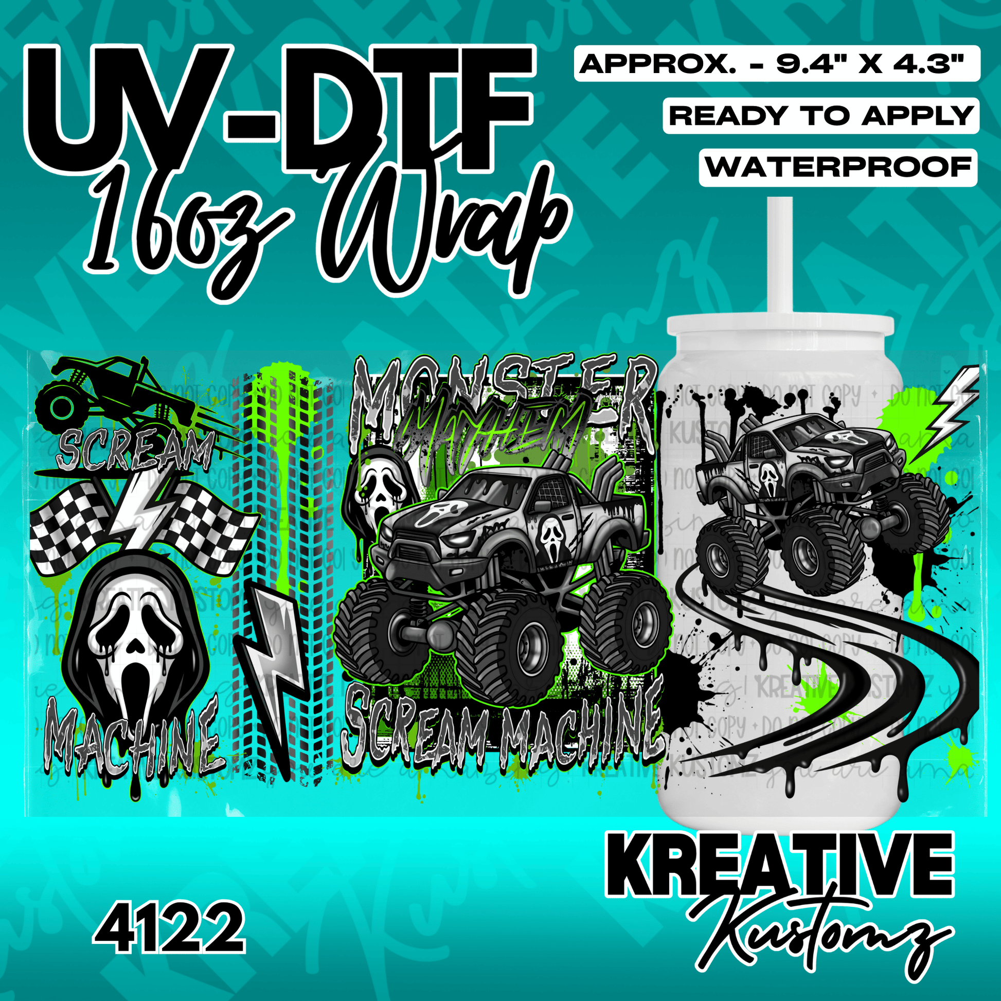 A UV DTF cup wrap featuring a monster truck and Ghostface horror movie theme.