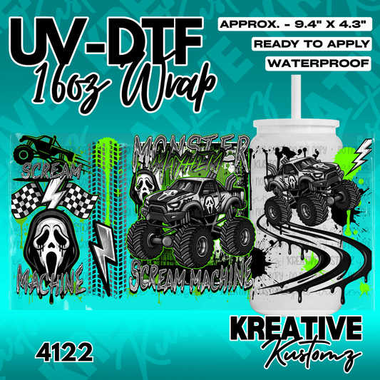 A UV DTF cup wrap featuring a monster truck and Ghostface horror movie theme.