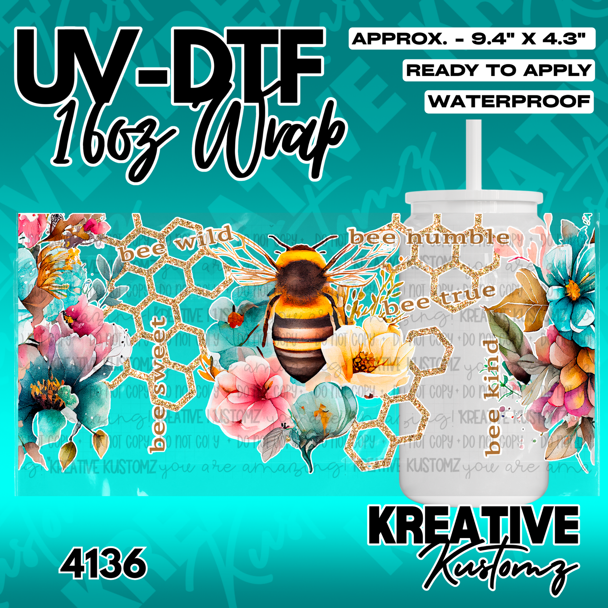 A floral and bee themed UV DTF adhesive wrap for a 16oz glass cup.