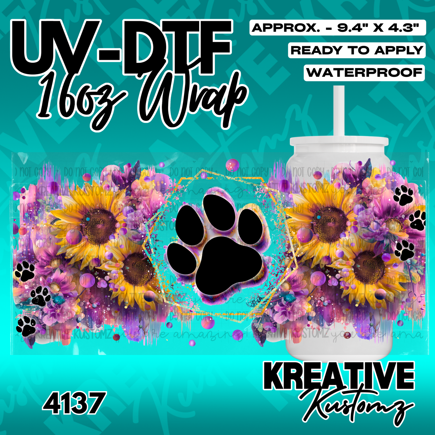 A floral UV DTF adhesive wrap for 16oz glass cans featuring sunflowers and a central paw print.