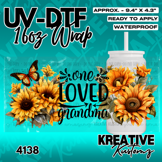 A floral UV DTF adhesive wrap for 16oz glass cans featuring sunflowers and a butterfly.