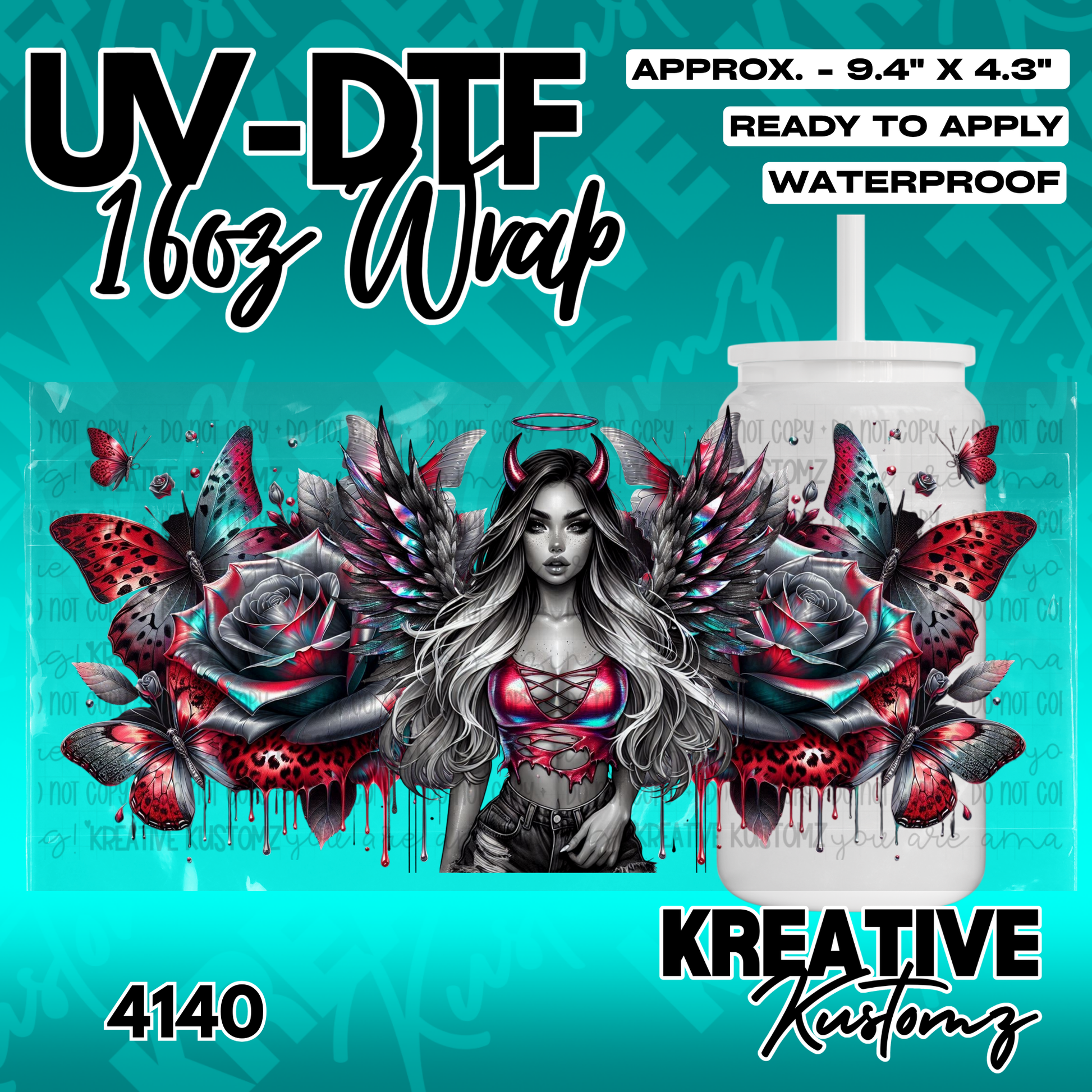 A UV DTF cup wrap featuring a winged woman with horns surrounded by roses and butterflies.