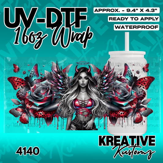 A UV DTF cup wrap featuring a winged woman with horns surrounded by roses and butterflies.