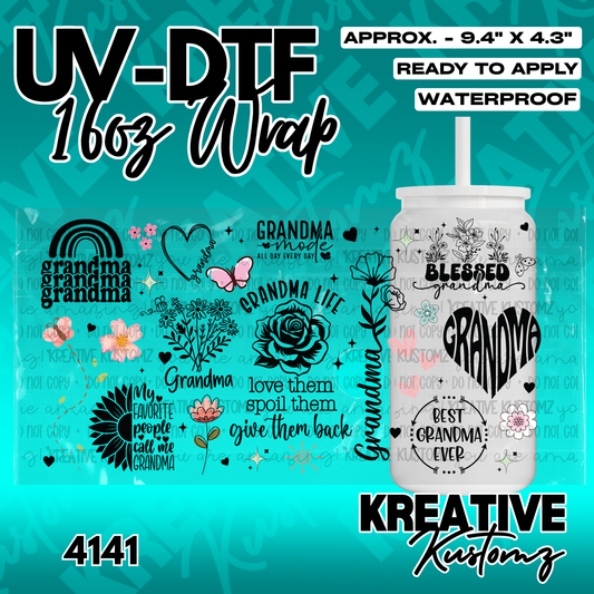 A sheet of Grandma-themed UV DTF adhesive decals for a 16oz glass cup.
