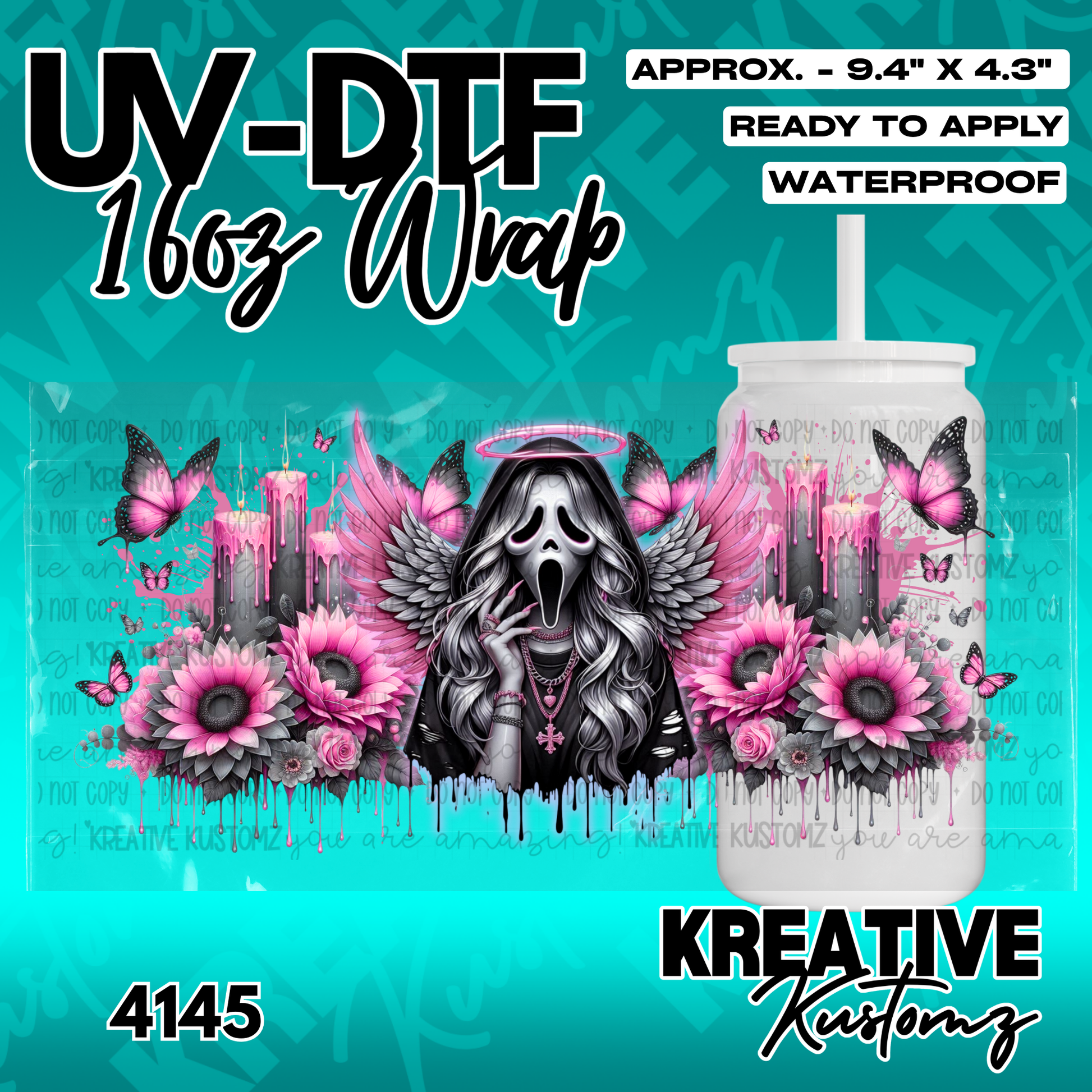 A UV DTF cup wrap featuring a ghost-faced angel with pink flowers and butterflies.