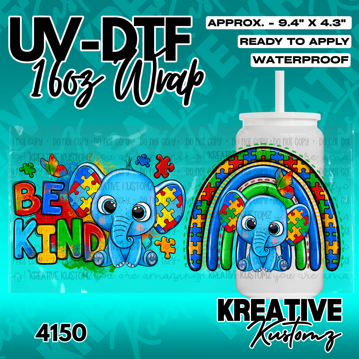 A UV DTF adhesive wrap for a 16oz glass cup featuring a blue elephant and rainbow puzzle design.