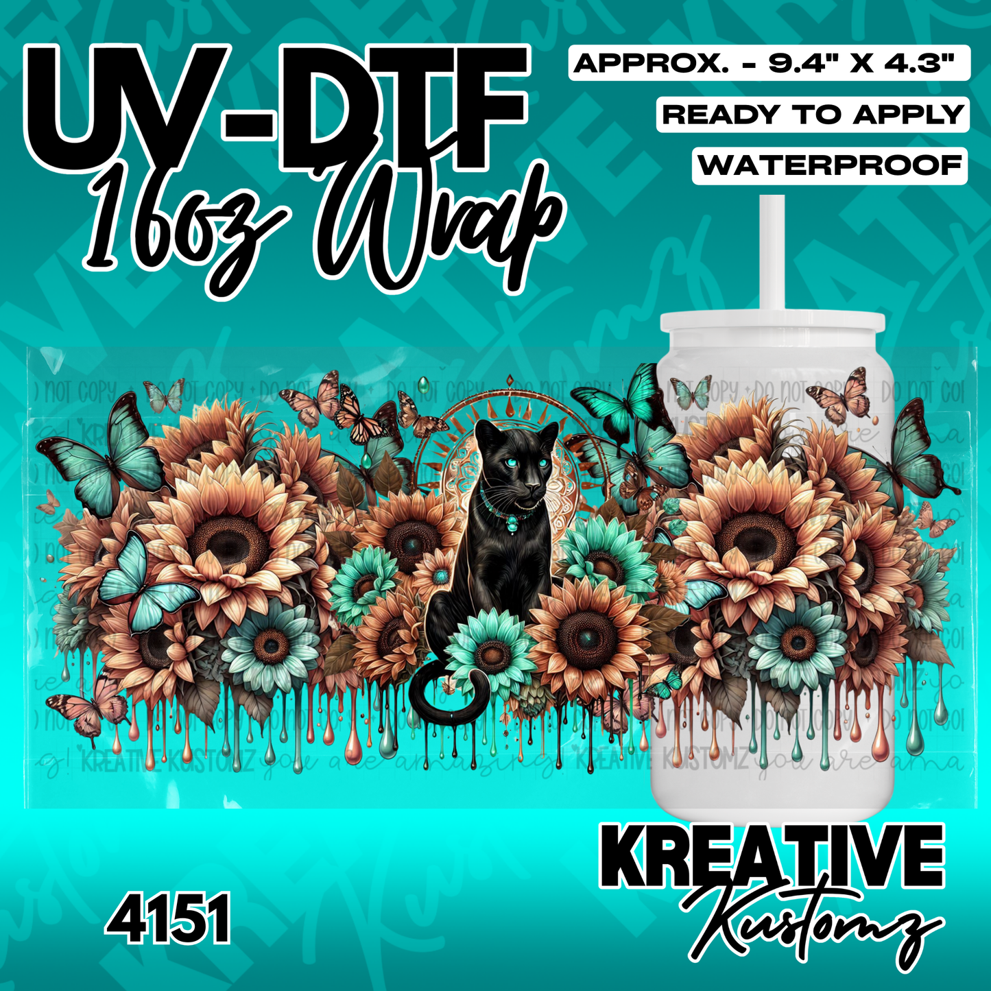 A UV DTF cup wrap featuring a black panther surrounded by sunflowers and butterflies.