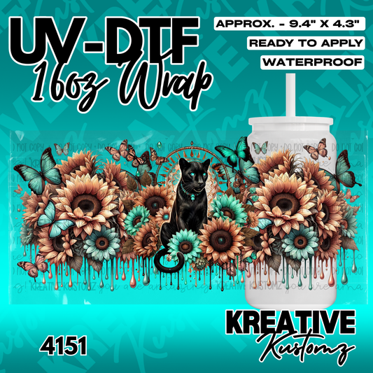 A UV DTF cup wrap featuring a black panther surrounded by sunflowers and butterflies.