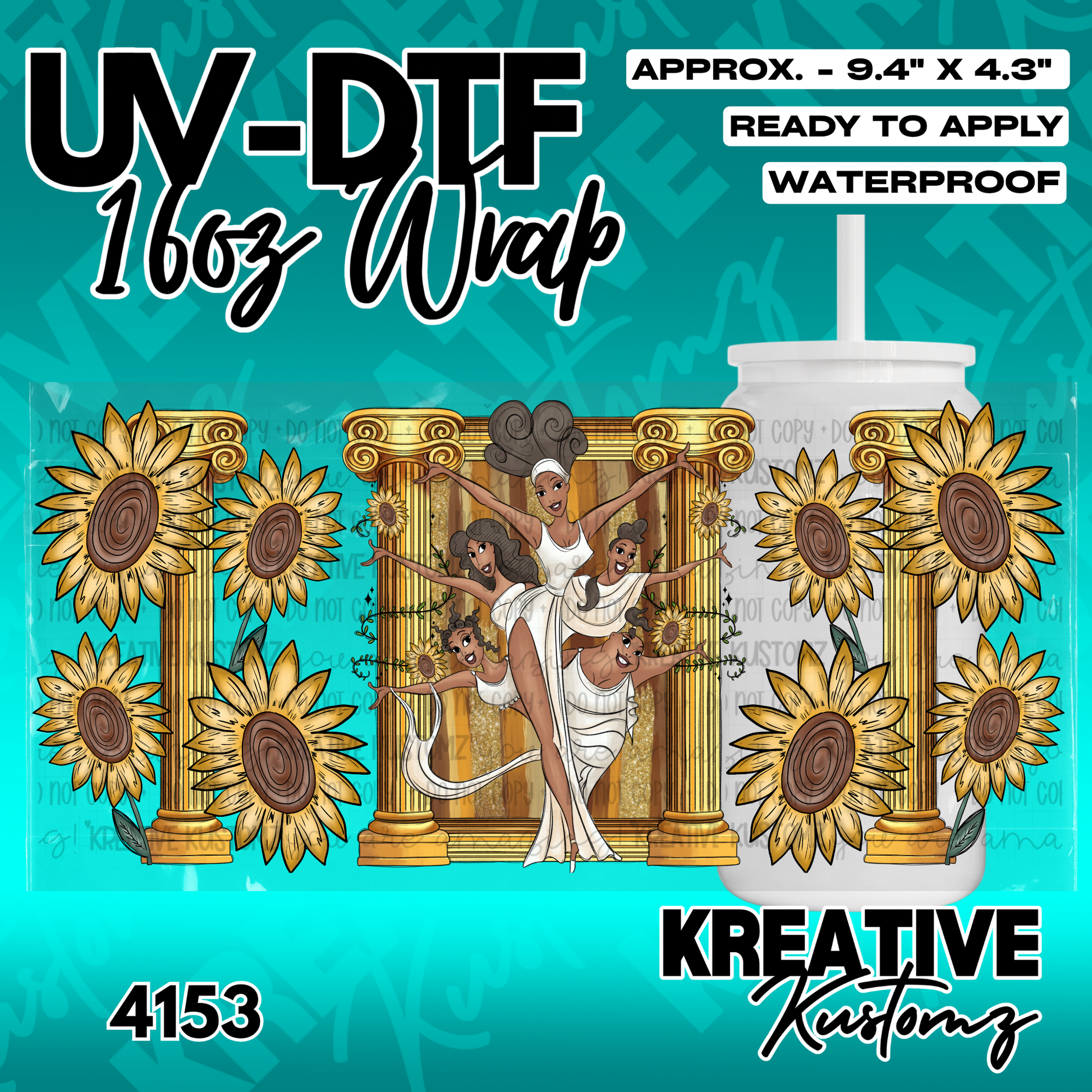 A UV DTF cup wrap featuring a Greek-inspired illustration of women and sunflowers.