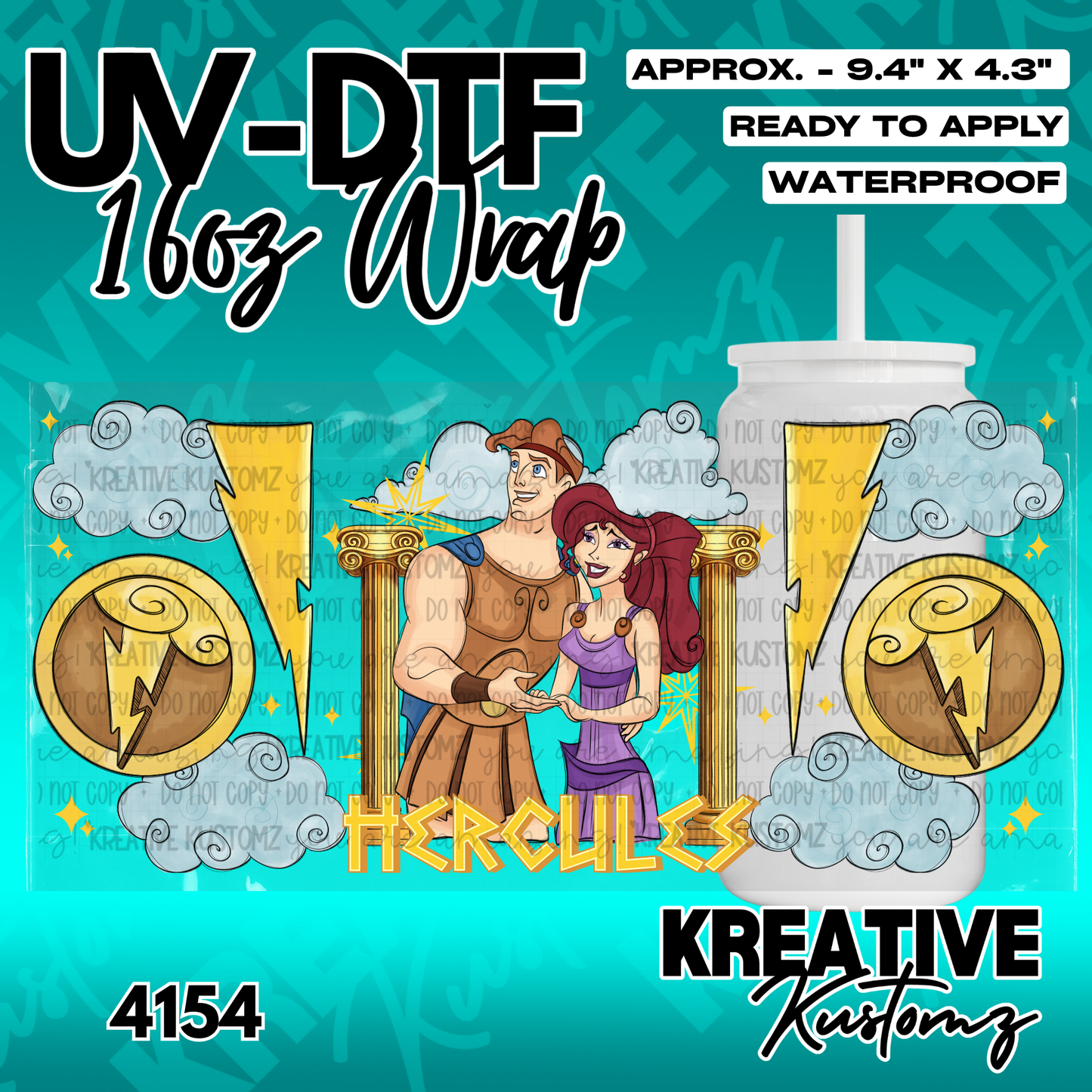 A UV DTF adhesive cup wrap featuring Hercules and Megara with lightning bolts and clouds.