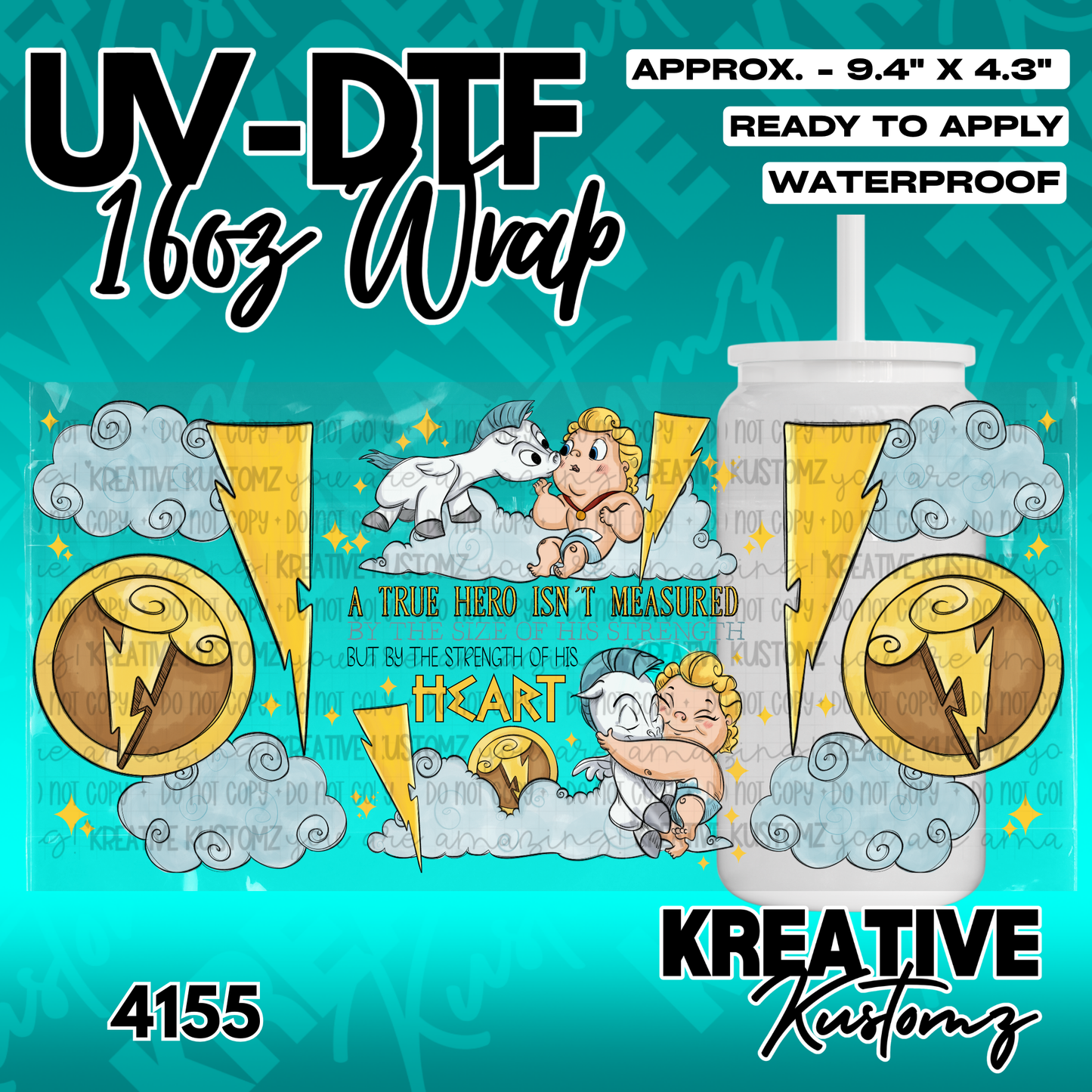 A Hercules themed UV DTF adhesive wrap for a 16oz glass cup featuring baby Hercules and Pegasus.