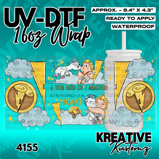 A Hercules themed UV DTF adhesive wrap for a 16oz glass cup featuring baby Hercules and Pegasus.