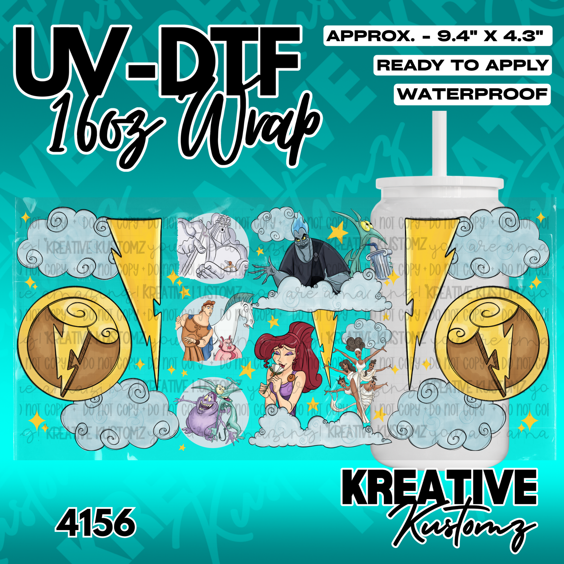 A Hercules themed UV DTF wrap for a 16oz glass cup featuring characters and lightning bolts.