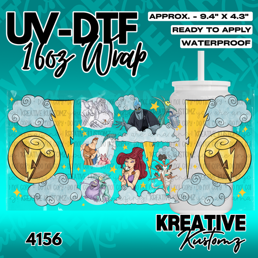 A Hercules themed UV DTF wrap for a 16oz glass cup featuring characters and lightning bolts.