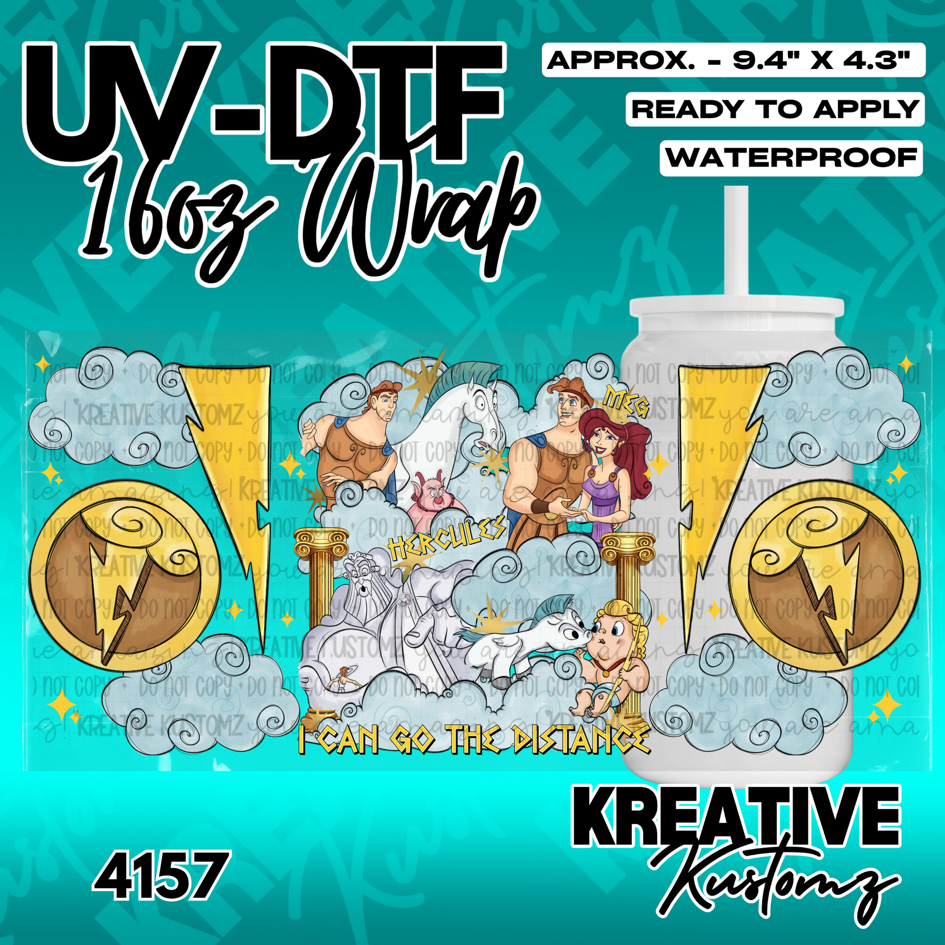 A Hercules themed UV DTF adhesive wrap for a 16oz glass cup featuring characters and clouds.