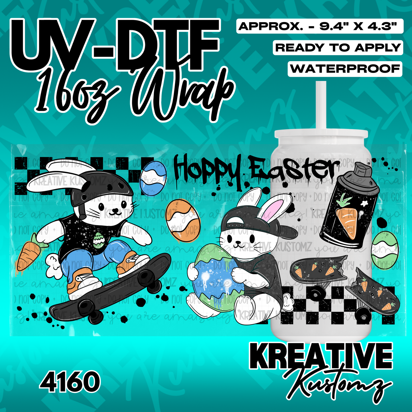 A vibrant Easter themed UV DTF wrap featuring skateboarding bunnies and eggs for a glass can.