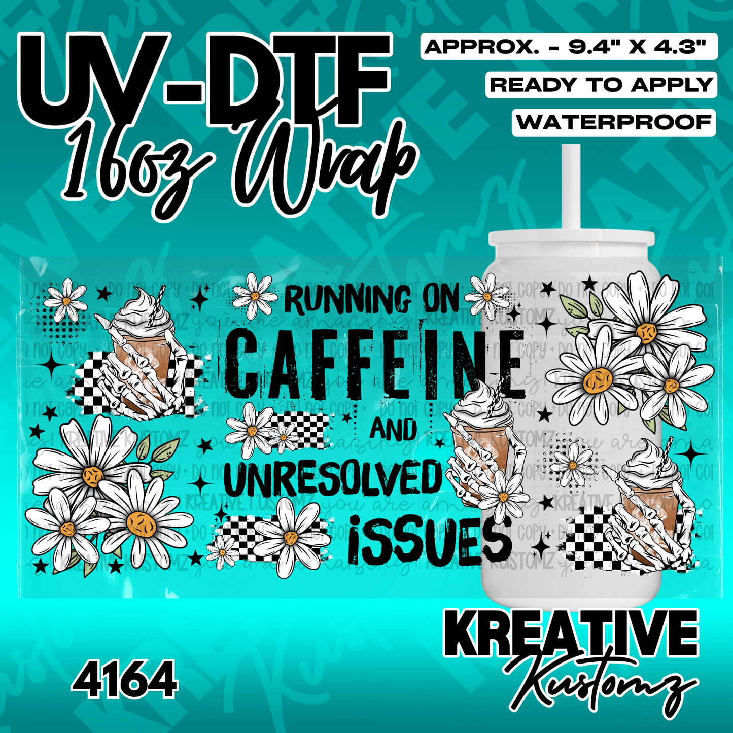 A floral UV DTF adhesive cup wrap featuring skeleton hands holding coffee and daisy designs.