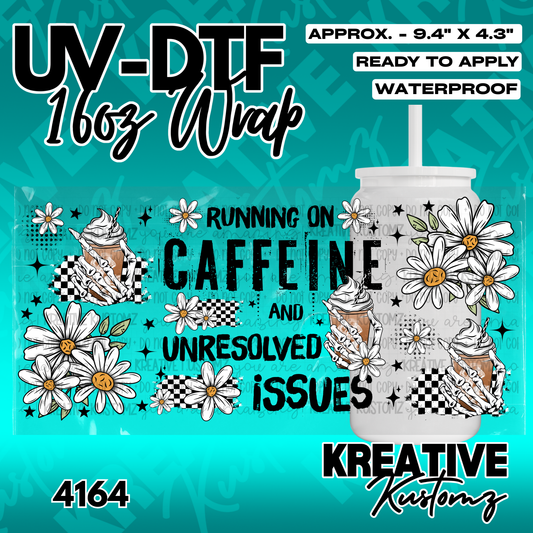 A floral UV DTF adhesive cup wrap featuring skeleton hands holding coffee and daisy designs.