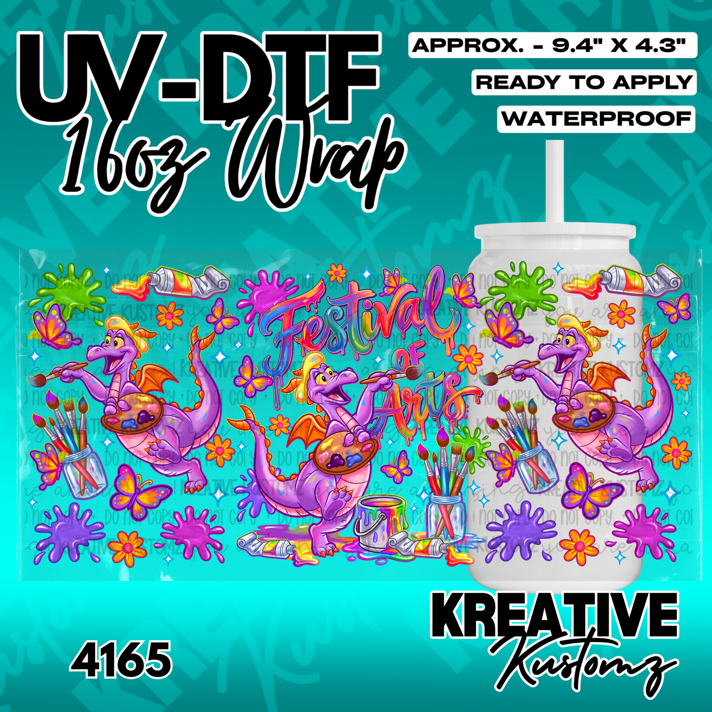 A colorful UV DTF cup wrap featuring a purple dragon painting with art supplies and flowers.