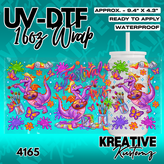 A colorful UV DTF cup wrap featuring a purple dragon painting with art supplies and flowers.