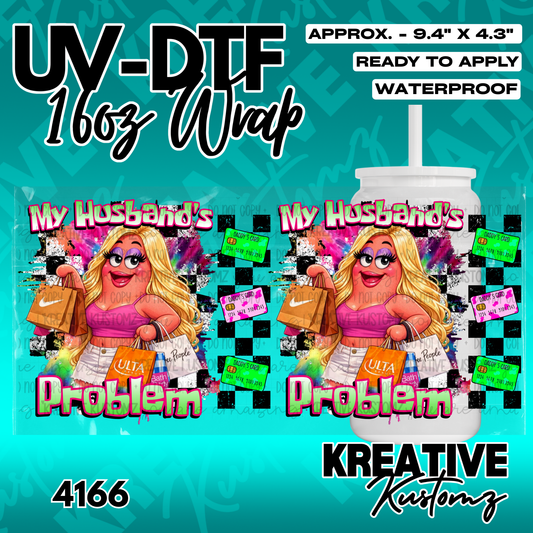 A UV DTF cup wrap featuring a cartoon character with shopping bags and credit cards.