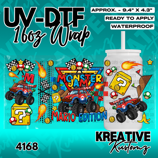 A Mario-themed monster truck UV DTF adhesive wrap for a 16oz glass cup.