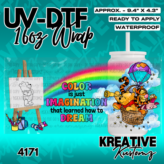 A UV DTF adhesive wrap for 16oz glass cans featuring Winnie the Pooh characters and a rainbow.