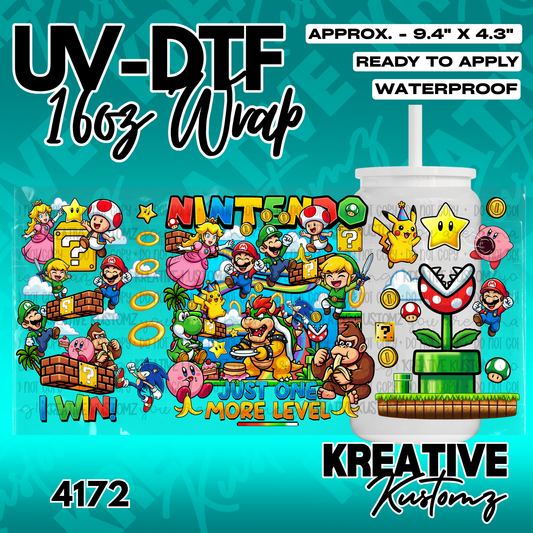 A UV DTF adhesive cup wrap featuring a colorful collage of various Nintendo video game characters.