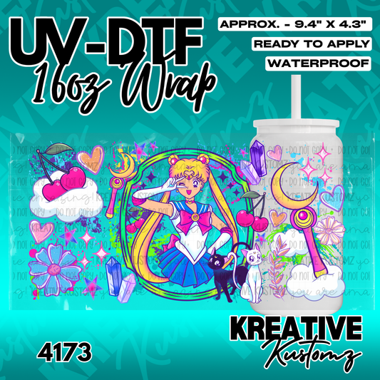 A Sailor Moon themed UV DTF adhesive wrap for a 16oz glass cup featuring colorful anime graphics.