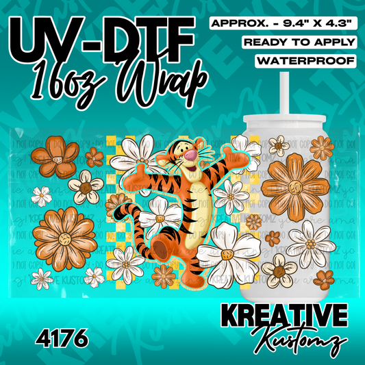 A UV DTF cup wrap featuring Tigger surrounded by orange and white flowers on a checkered background.