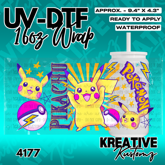 A Pikachu themed UV DTF adhesive wrap for a 16oz glass cup featuring yellow and purple designs.