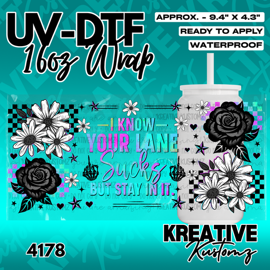A floral UV DTF adhesive wrap for 16oz glass cans featuring black roses, daisies, and text.