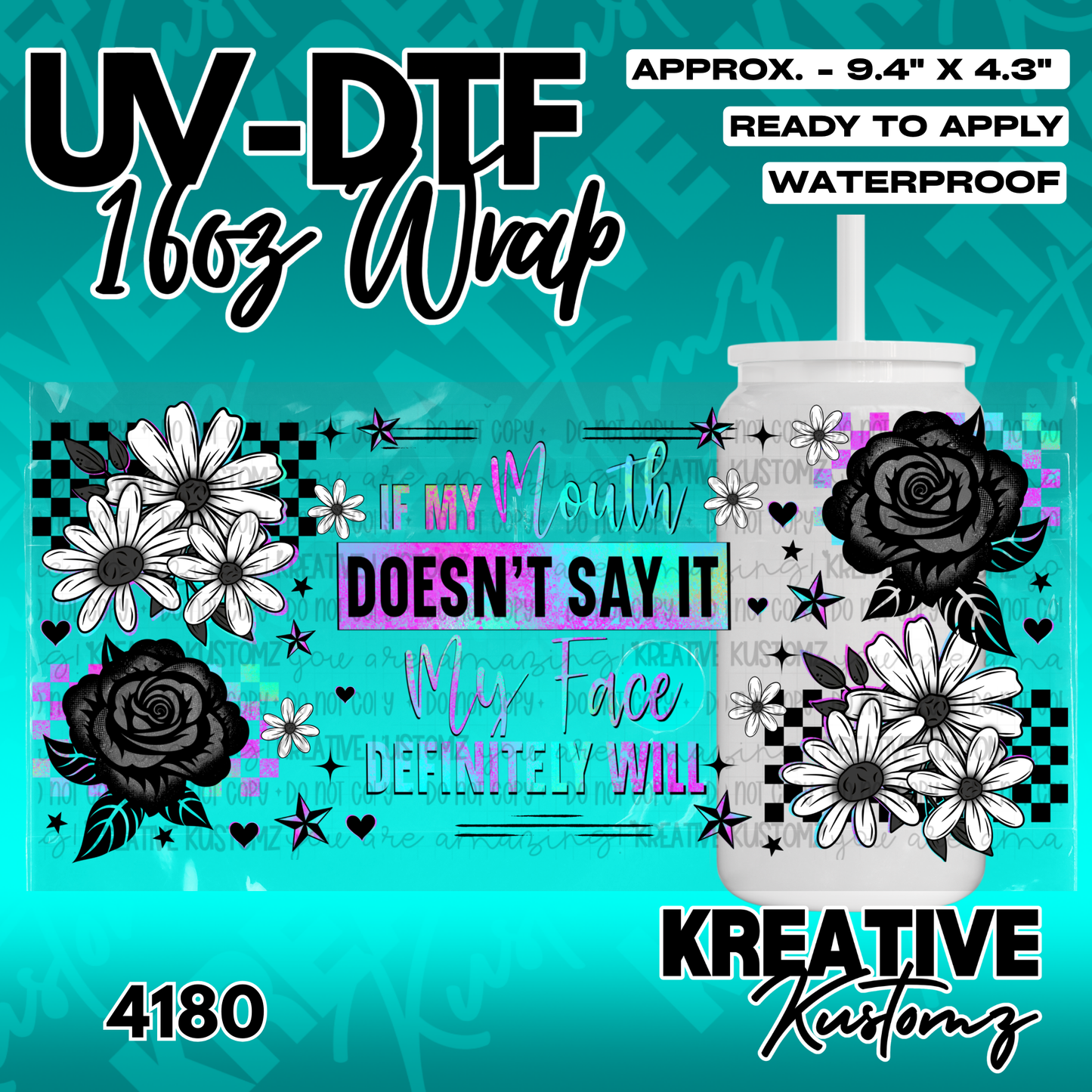 A floral UV DTF adhesive wrap for 16oz glass cans featuring black and white flowers and text.