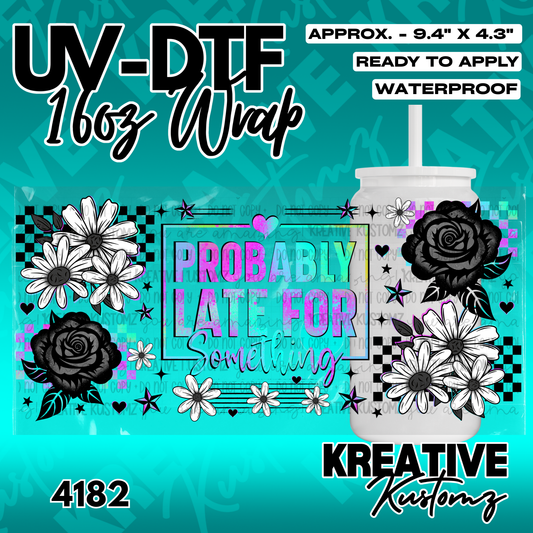 A UV DTF cup wrap featuring black and white flowers, checkered patterns, and colorful text.